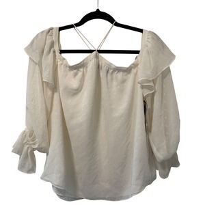 1‎ State Ruffle Blouse Crisscross Back Sheer Top Antique White Size S